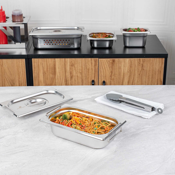 Restaurantware Met Lux Rectangle Stainless Steel 1/4 Size Steam Table Pan - 2.5 Inch Deep - Anti Jam Collapsible Handles - 1 Count Box