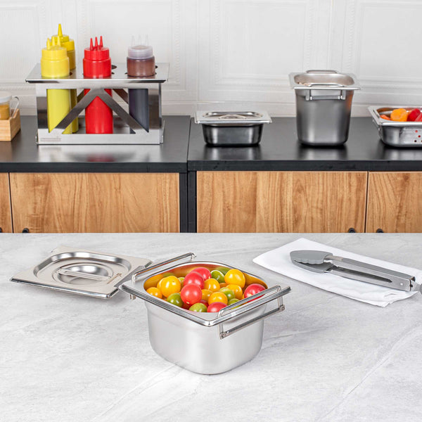 Restaurantware Met Lux Rectangle Stainless Steel 1/6 Size Steam Table Pan 4 Inch Deep - Anti Jam Collapsible Handles - 1 Count Box