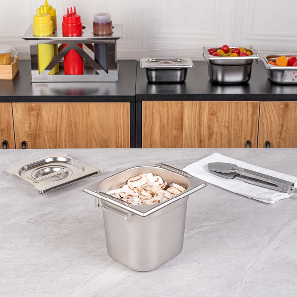 Restaurantware Met Lux Rectangle Stainless Steel 1/6 Size Steam Table Pan - Anti Jam Collapsible Handles - 1 Count Box
