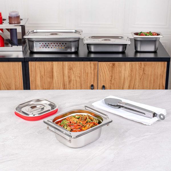Restaurantware Met Lux Rectangle Stainless Steel 1/6 Size Steam Table Pan 2.5 Inch Deep - Anti Jam Collapsible Handles - 1 Count Box