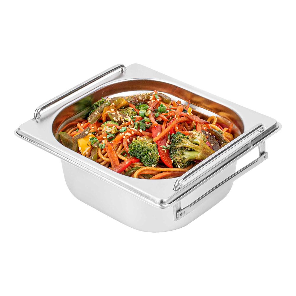 restaurantware Met Lux Rectangle Stainless Steel 1/6 Size Steam Table Pan 2.5 Inch Deep - Anti Jam Collapsible Handles - 1 count box