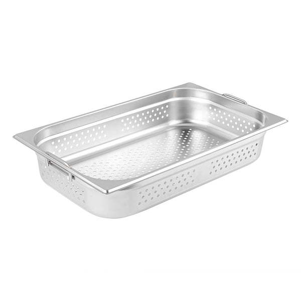 Restaurantware Met Lux Rectangle Stainless Steel Full Size Steam Table Pan 4 Inch Deep - Perforated Anti Jam Collapsible Handles - 1 Count Box