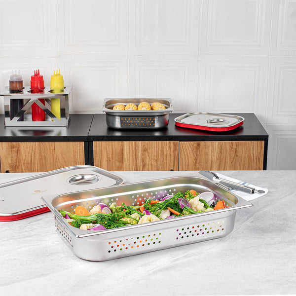 Restaurantware Met Lux Rectangle Stainless Steel Full Size Steam Table Pan 4 Inch Deep - Perforated Anti Jam Collapsible Handles - 1 Count Box