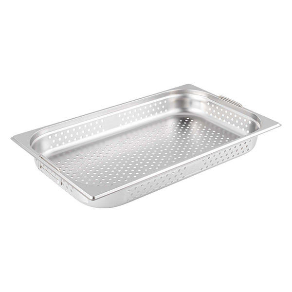 Restaurantware Met Lux Rectangle Stainless Steel Full Size Steam Table Pan 2.5 Inch Deep - Perforated Anti Jam Collapsible Handles - 1 Count Box