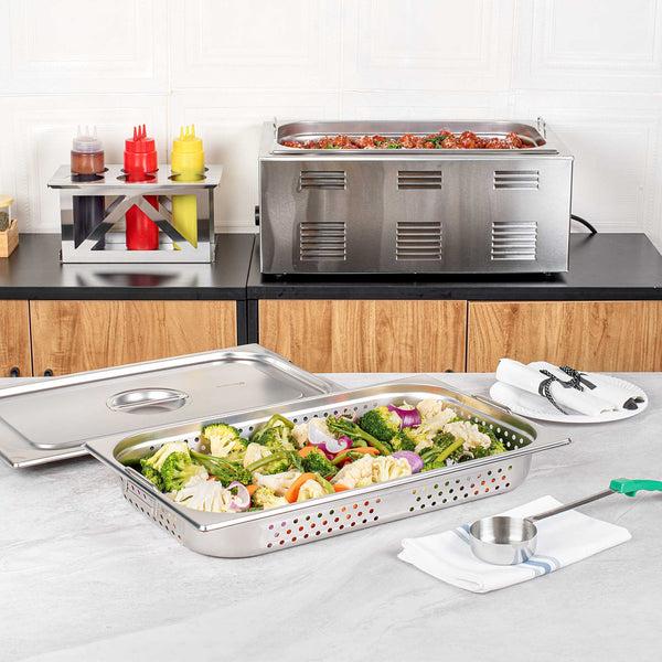 Restaurantware Met Lux Rectangle Stainless Steel Full Size Steam Table Pan 2.5 Inch Deep - Perforated Anti Jam Collapsible Handles - 1 Count Box