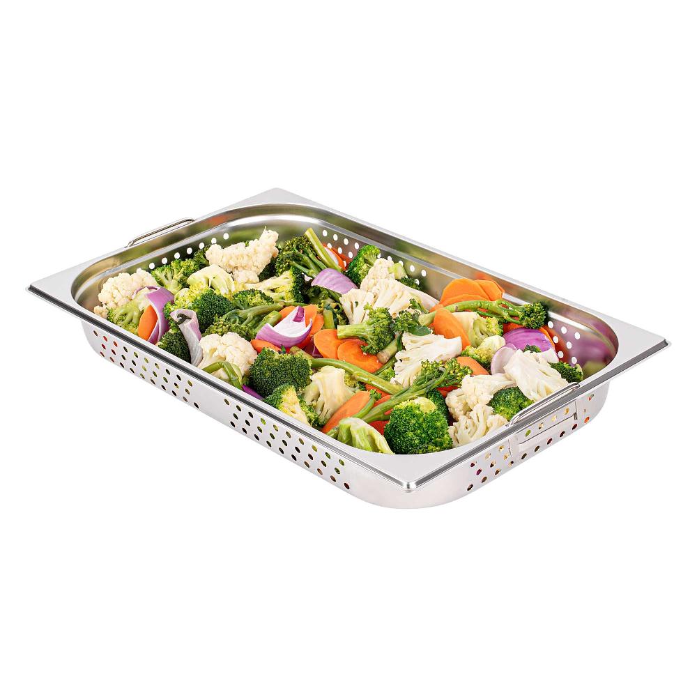 restaurantware Met Lux Rectangle Stainless Steel Full Size Steam Table Pan 2.5 Inch Deep - Perforated Anti Jam Collapsible Handles - 1 count box