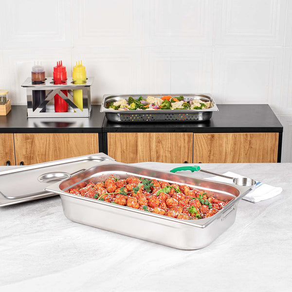 Restaurantware Met Lux Rectangle Stainless Steel Full Size Steam Table Pan 4 Inch Deep - Anti Jam Collapsible Handles - 1 Count Box