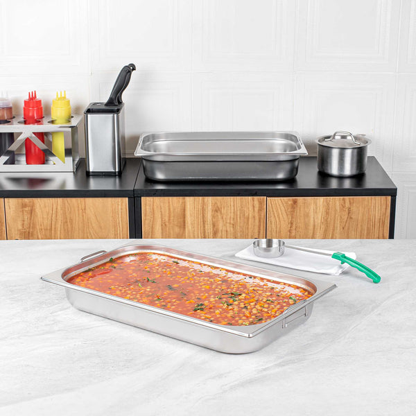 Restaurantware Met Lux Rectangle Stainless Steel Full Size Steam Table Pan 2.5 Inch Deep - Anti Jam Collapsible Handles - 1 Count Box