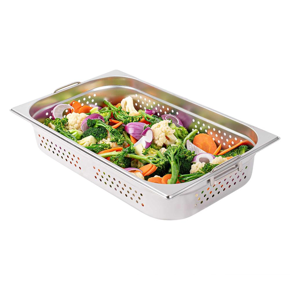 restaurantware Met Lux Rectangle Stainless Steel Full Size Steam Table Pan 4 Inch Deep - Perforated Anti Jam Collapsible Handles - 1 count box
