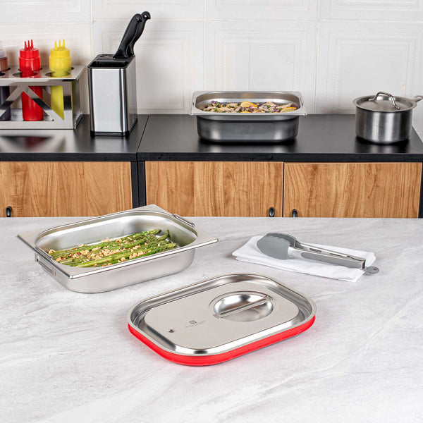 Restaurantware Met Lux Rectangle Stainless Steel Travel Lid - Fits 1/2 Size Steam Table Pan - 1 Count Box