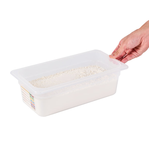 Restaurantware Met Lux Rectangle White Polypropylene 1/3 Size Food Pan - 4" Deep With Label - 10 Count Box