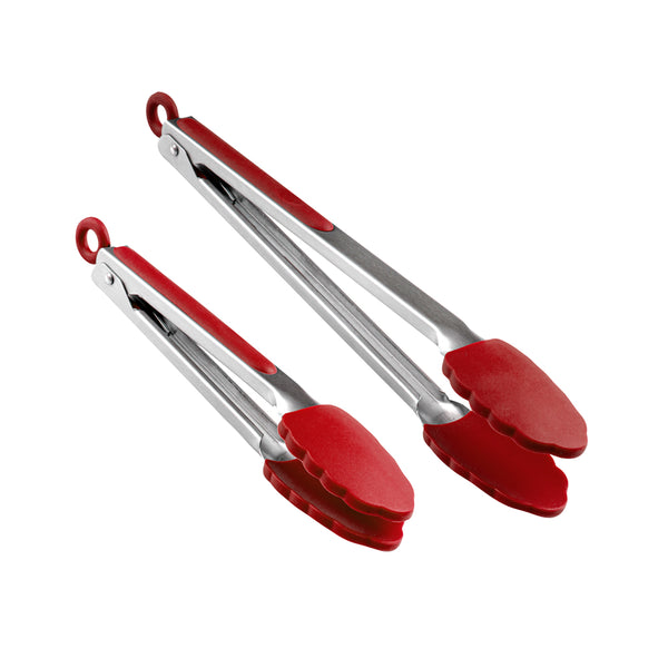 Restaurantware Met Lux Red Stainless Steel 2-Piece Kitchen Tong Set - Scalloped - 12" X 1 3/4" X 2" - 1 Count Box