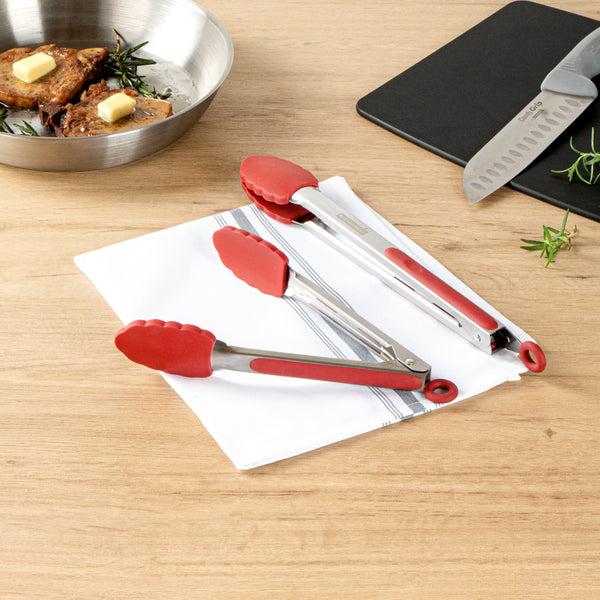 Restaurantware Met Lux Red Stainless Steel 2-Piece Kitchen Tong Set - Scalloped - 12" X 1 3/4" X 2" - 1 Count Box