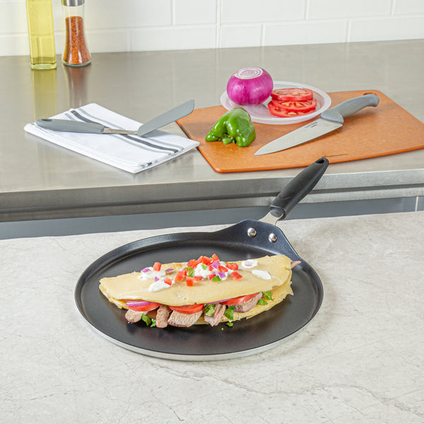 Restaurantware Met Lux Round Aluminum Griddle - Non-Stick With Bakelite Handles - 12" - 10 Count Box