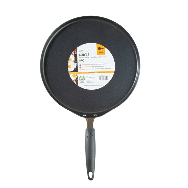 Restaurantware Met Lux Round Aluminum Griddle - Non-Stick With Bakelite Handles - 12" - 10 Count Box