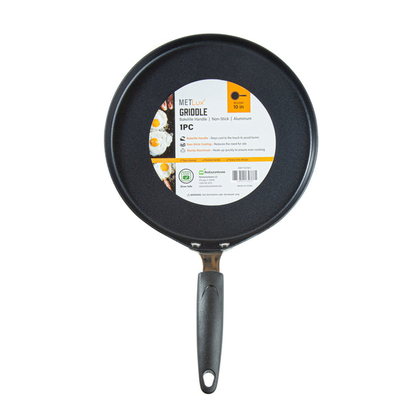 Restaurantware Met Lux Round Aluminum Griddle - Non-Stick With Bakelite Handles - 10" - 10 Count Box