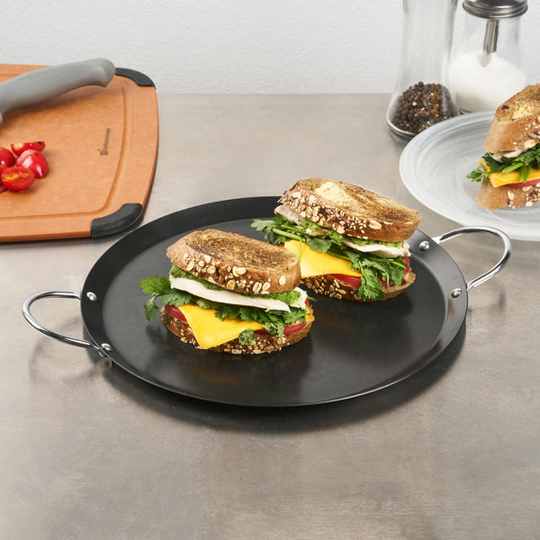 Restaurantware Met Lux Round Carbon Steel Griddle - Non-Stick With Chrome Handles - 11" - 10 Count Box