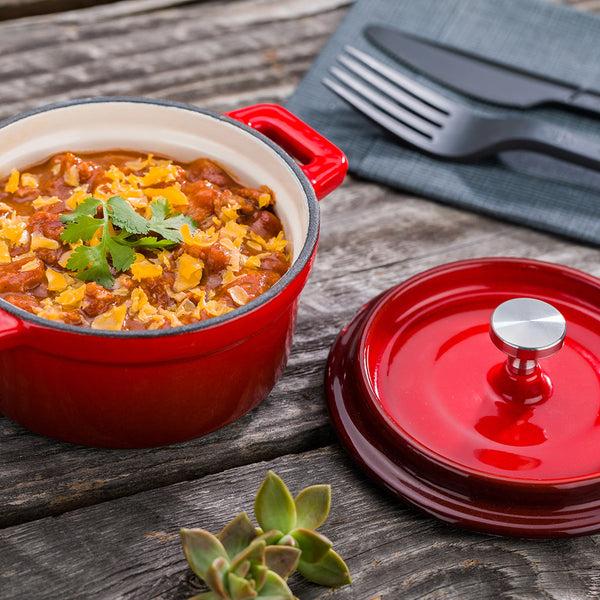 Restaurantware Met Lux Round Mini Casserole Dish - Red Cast Iron - Enameled Stainless Steel Knob - 8 Oz 5 1/4" X 4" X 3" - 1 Count Box