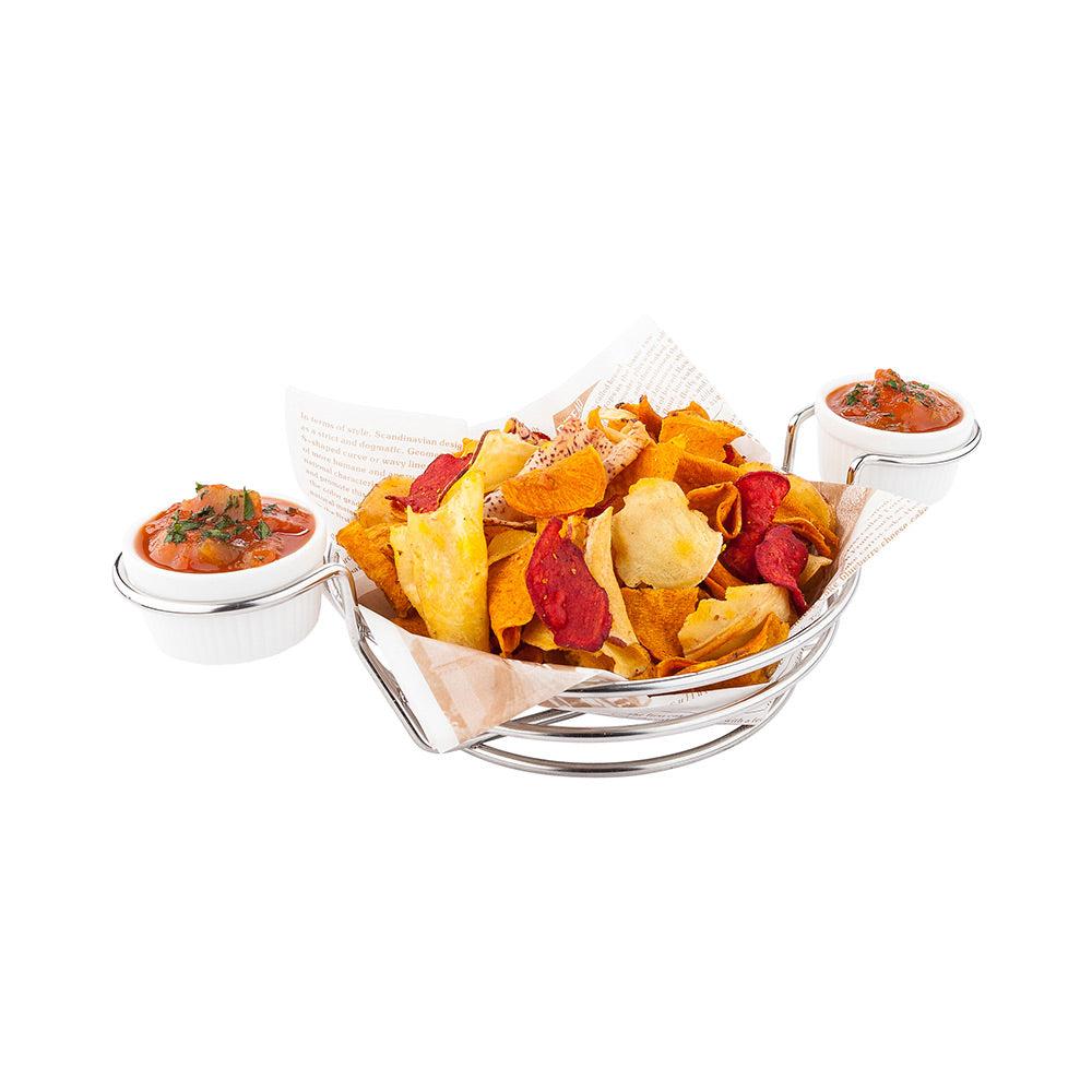 restaurantware Met Lux Round Silver Stainless Steel Duetto Appetizer and Chip Basket - Double Dipping Sauce Holder - 10 1/4" x 7" x 3" - 1 count box
