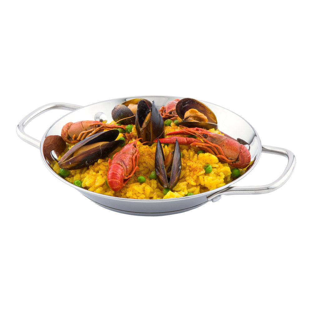 restaurantware Met Lux Round Stainless Steel Paella Pan - Induction Ready - 11" x 8" x 1 1/2" - 1 count box