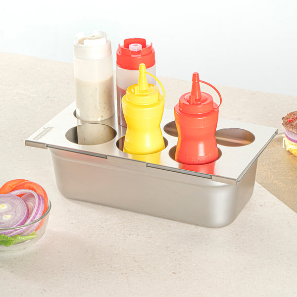 Restaurantware Met Lux Seven Hole Stainless Steel Squeeze Bottle Holder Top - Fits 1/3 Size Pans - 12 3/4" X 7" - 1 Count Box