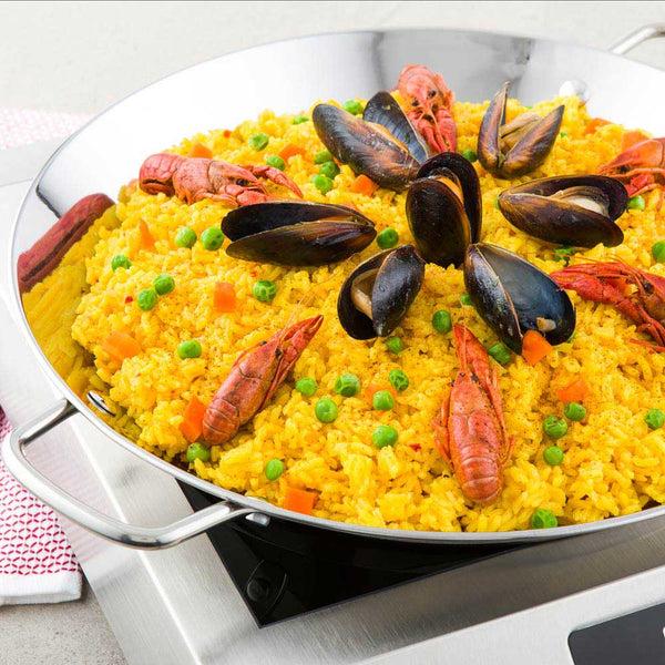 Restaurantware Met Lux Silver Stainless Steel Paella Pan - Induction Ready - 17" X 13 1/2" X 1 1/4" - 1 Count Box