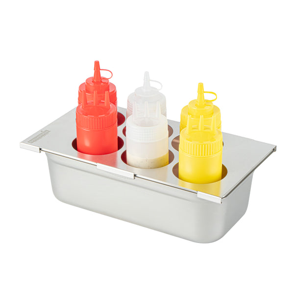Restaurantware Met Lux Six Hole Stainless Steel Squeeze Bottle Holder Top - Fits 1/3 Size Pans - 12 3/4" X 7" - 1 Count Box