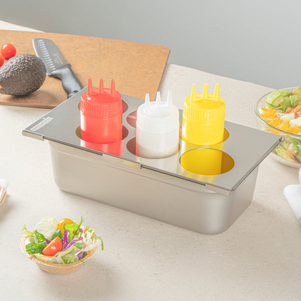 Restaurantware Met Lux Six Hole Stainless Steel Squeeze Bottle Holder Top - Fits 1/3 Size Pans - 12 3/4" X 7" - 1 Count Box