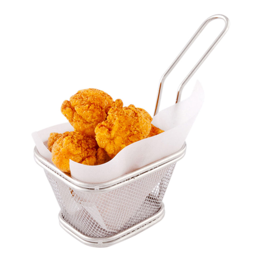 restaurantware Met Lux Square Silver Stainless Steel Mini Fryer Basket - 4" x 3 1/4" x 2 1/4" - 1 count box