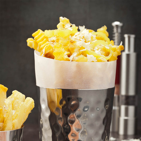 Restaurantware Met Lux Stainless Steel French Fry Cup - Hammered Mirrored Finish - 3 1/2" X 3 1/2" - 1 Count Box