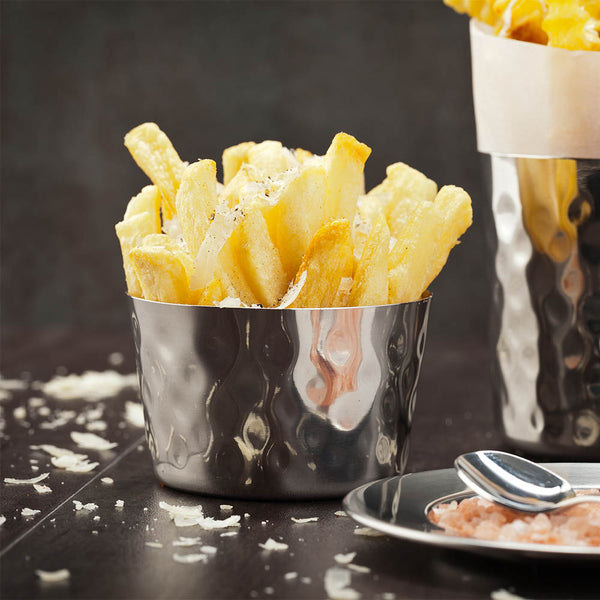 Restaurantware Met Lux Stainless Steel French Fry Cup - Hammered Mirrored Finish - 3 1/4" X 2" - 1 Count Box