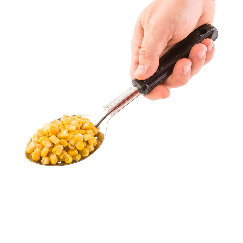 restaurantware Met Lux Stainless Steel Serving Spoon - Perforated with Black Plastic Handle - 11" - 1 count box