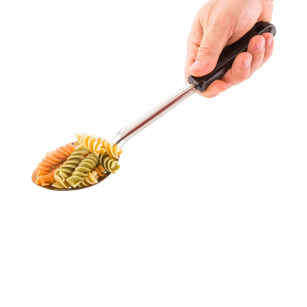 restaurantware Met Lux Stainless Steel Serving Spoon - Perforated with Black Plastic Handle - 13" - 1 count box