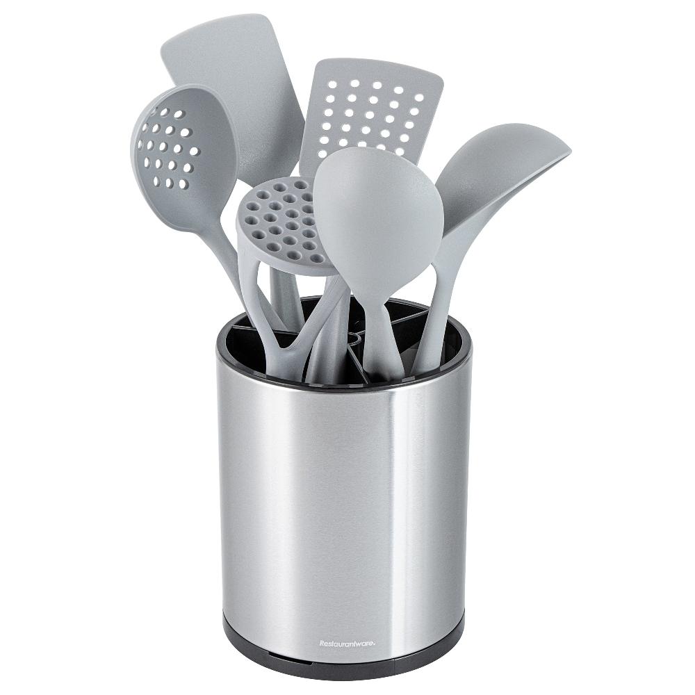 restaurantware Met Lux Stainless Steel Utensil Holder - 3 Compartments Rotating with Drip Tray - 6 1/4" x 6 1/4" x 8" - 1 count box