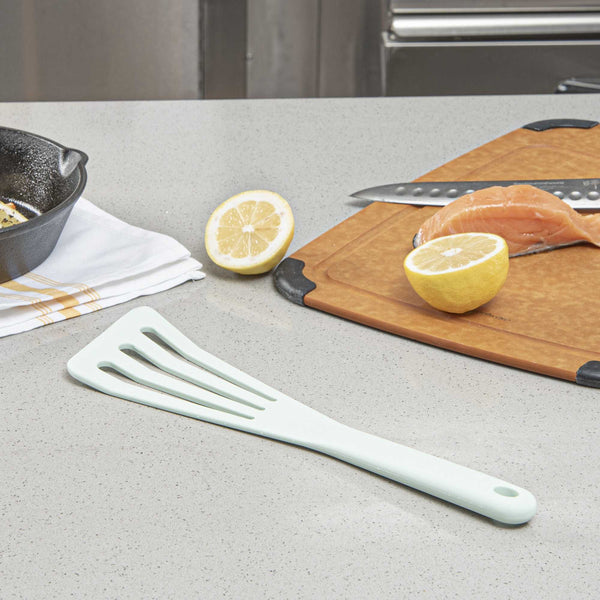 Restaurantware Met Lux Teal Silicone High Temperature Slotted Turner / Spatula - 12 1/4" - 1 Count Box