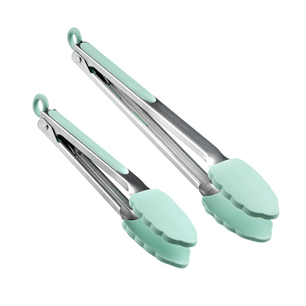 Restaurantware Met Lux Teal Stainless Steel 2-Piece Kitchen Tong Set - Scalloped - 12" X 1 3/4" X 2" - 1 Count Box
