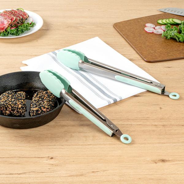 Restaurantware Met Lux Teal Stainless Steel 2-Piece Kitchen Tong Set - Scalloped - 12" X 1 3/4" X 2" - 1 Count Box
