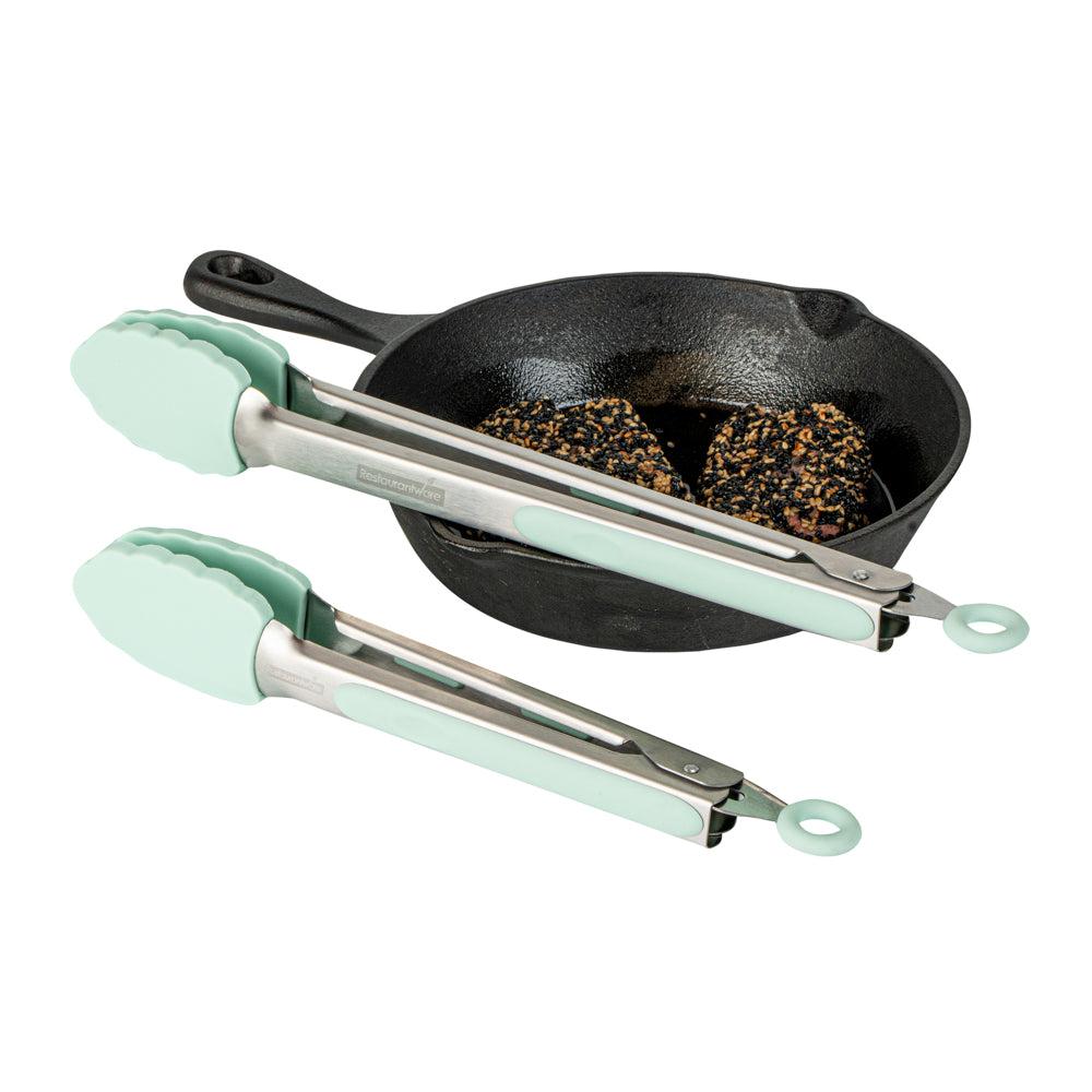 restaurantware Met Lux Teal Stainless Steel 2-Piece Kitchen Tong Set - Scalloped - 12" x 1 3/4" x 2" - 1 count box
