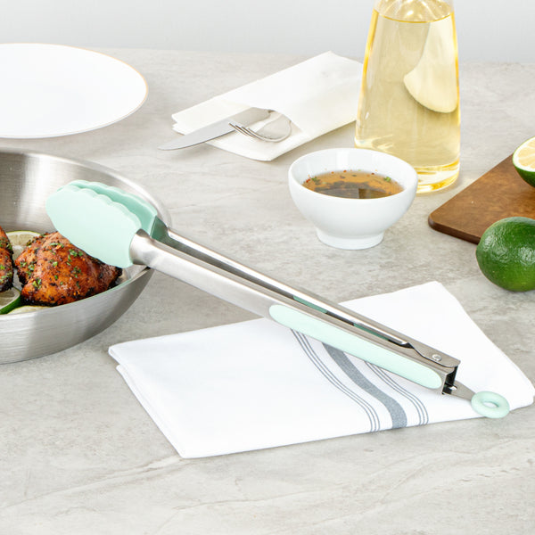 Restaurantware Met Lux Teal Stainless Steel Kitchen Tong - Scalloped - 12" X 1 3/4" X 1" - 1 Count Box