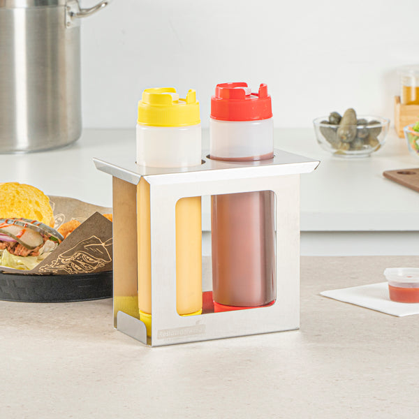 Restaurantware Met Lux Two Hole Stainless Steel Squeeze Bottle Holder - Fits 1/9 Size Opening - 7" X 4 1/2" X 6 1/4" - 1 Count Box