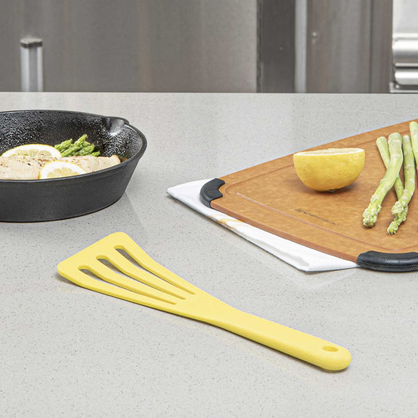 Restaurantware Met Lux Yellow Silicone High Temperature Slotted Turner / Spatula - 12 1/4" - 1 Count Box