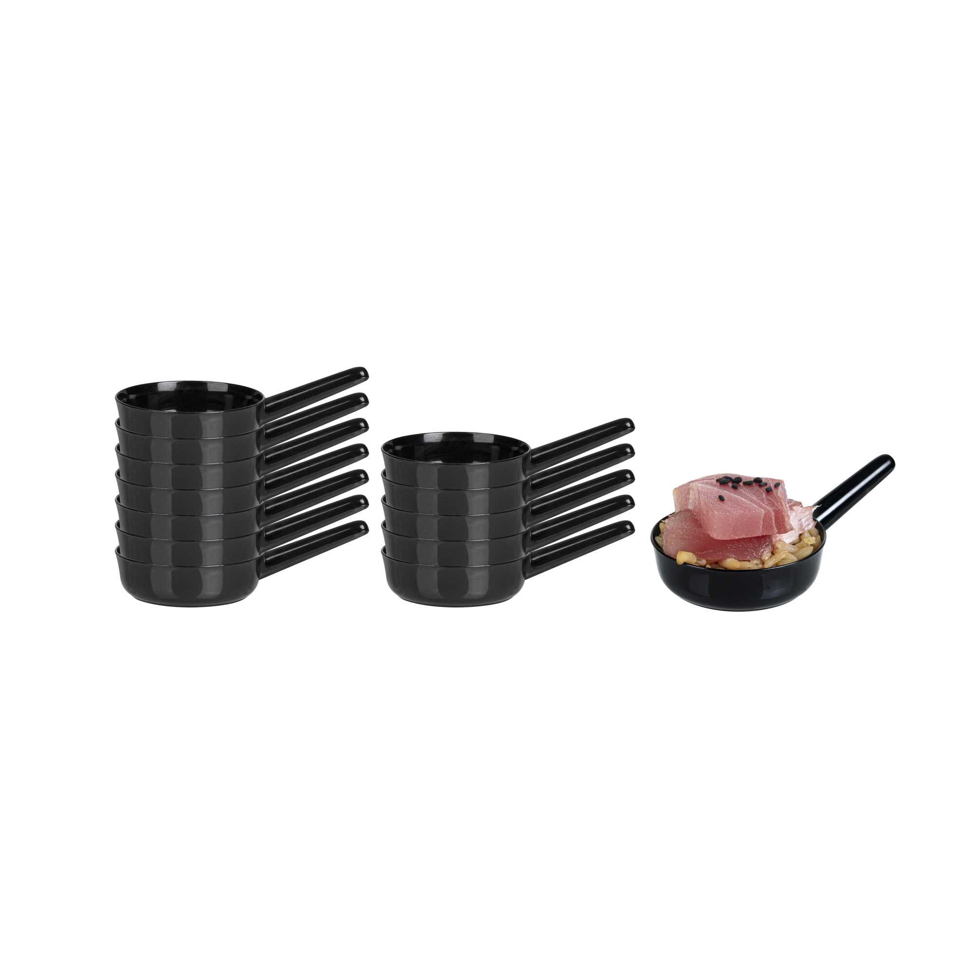 restaurantware Mini Serve 1 oz Round Black Plastic Mini Sauce Pan - 3 1/4" x 2" x 1/2" - 100 count box