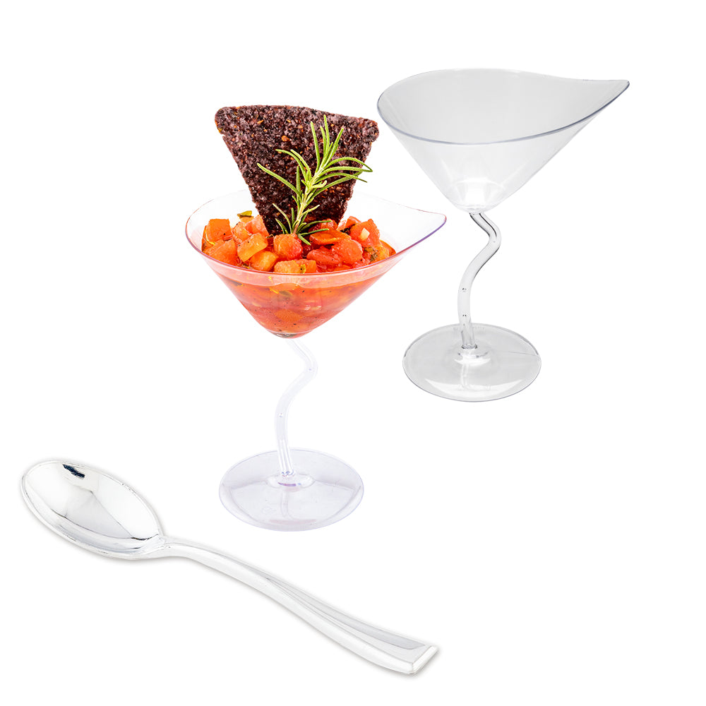 restaurantware Mini Serve 100 3 oz Clear Plastic Dekko Martini Glass and 100 Silver Plastic 4" Mini Spoons