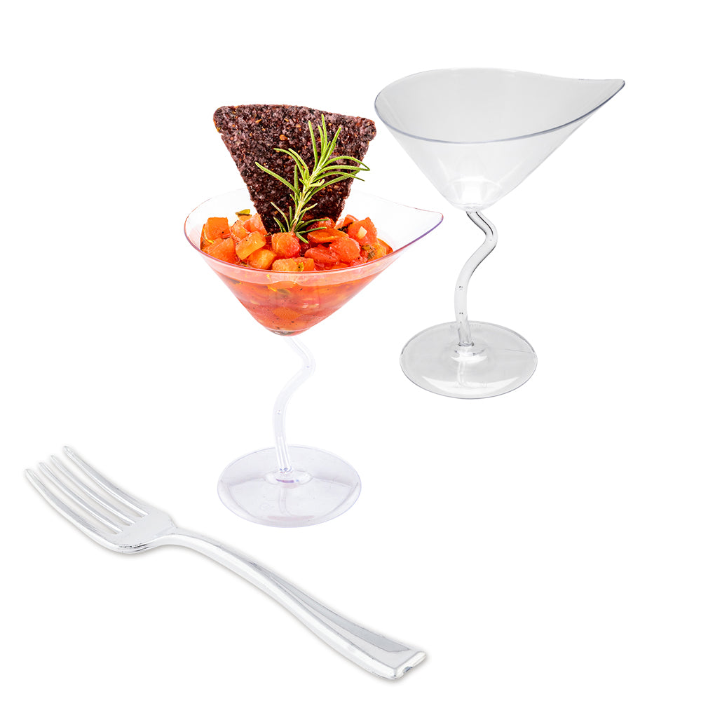restaurantware Mini Serve 100 3 oz Clear Plastic Dekko Martini Glass and 100 Silver Plastic 4" Mini Forks