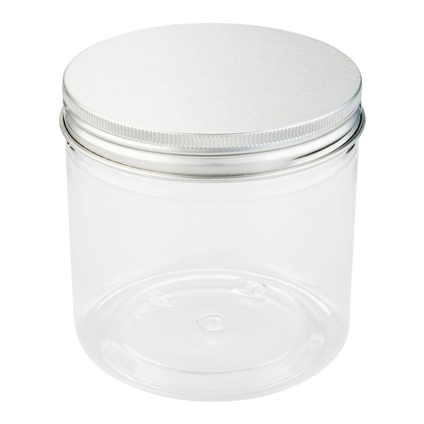 Restaurantware Mini Serve 17 Oz Round Clear Plastic Candy And Snack Jar - With Aluminum Lid - 3 1/2" X 3 1/2" X 3 3/4" - 100 Count Box