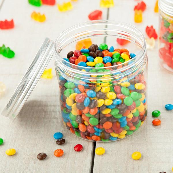 Restaurantware Mini Serve 17 Oz Round Clear Plastic Candy And Snack Jar - With Aluminum Lid - 3 1/2" X 3 1/2" X 3 3/4" - 100 Count Box