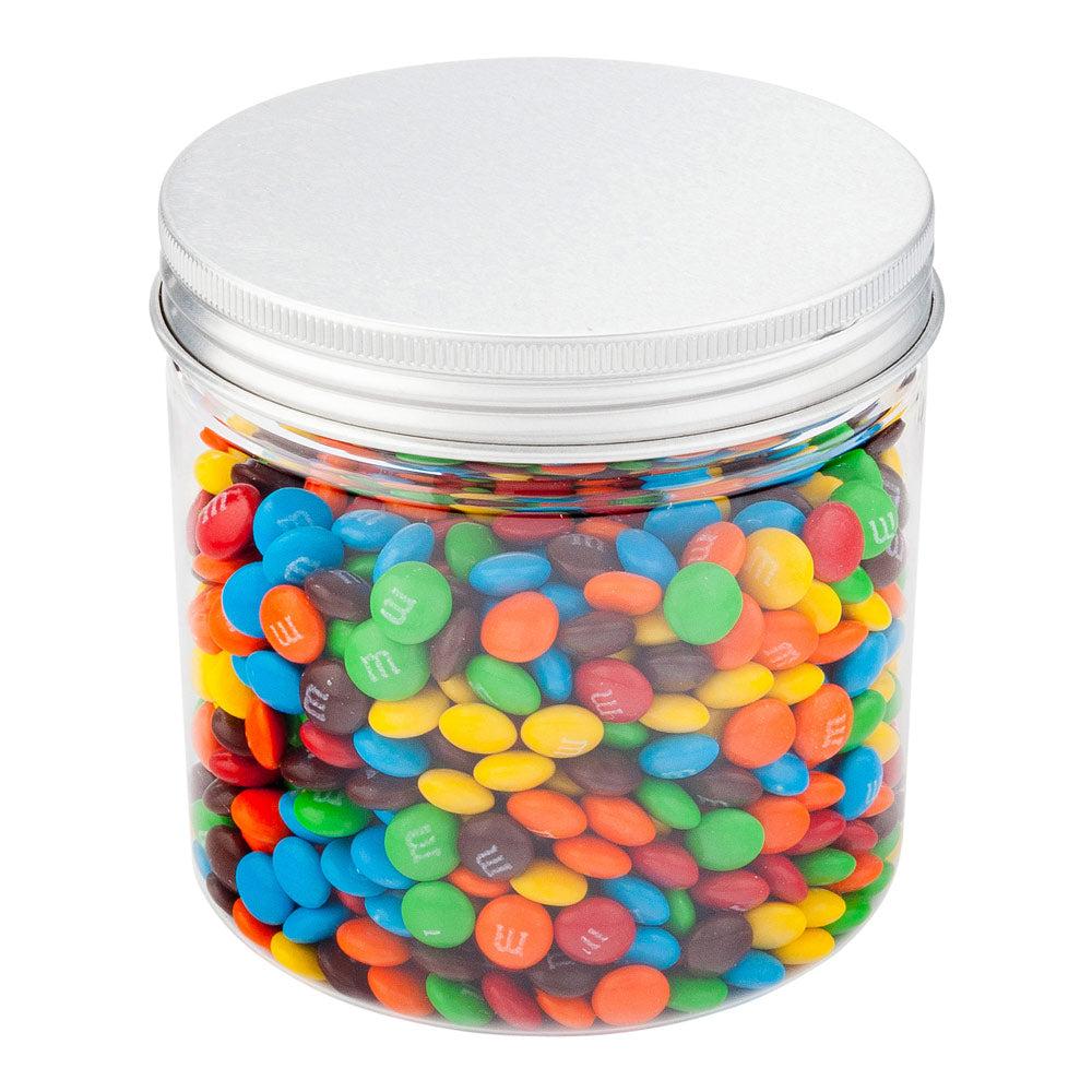 restaurantware Mini Serve 17 oz Round Clear Plastic Candy and Snack Jar - with Aluminum Lid - 3 1/2" x 3 1/2" x 3 3/4" - 100 count box