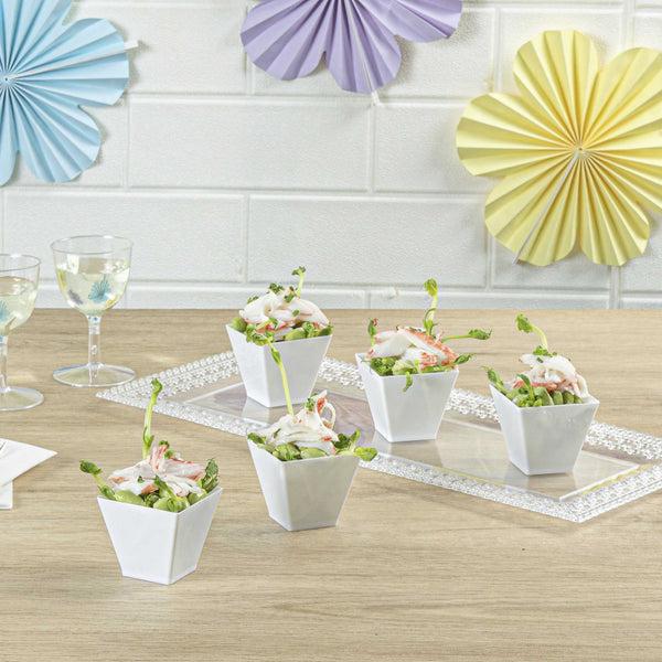 Restaurantware Mini Serve 2 Oz Square White Plastic Mini Kova Cup - 2" X 2" X 1 3/4" - 100 Count Box