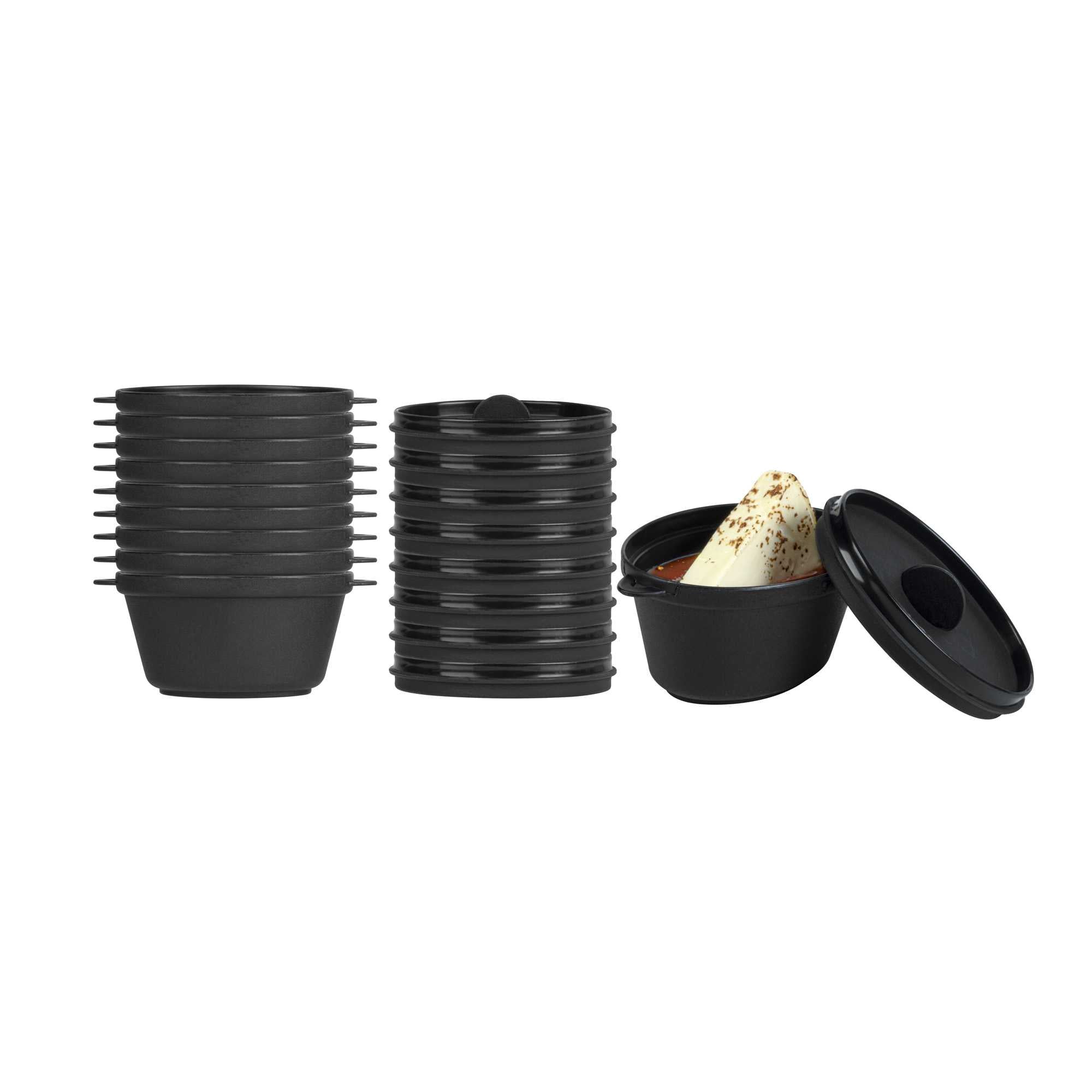 restaurantware Mini Serve 3 oz Oval Black Plastic Mini Kettle Dish - 3" x 2 1/4" x 1 1/2" - 100 count box