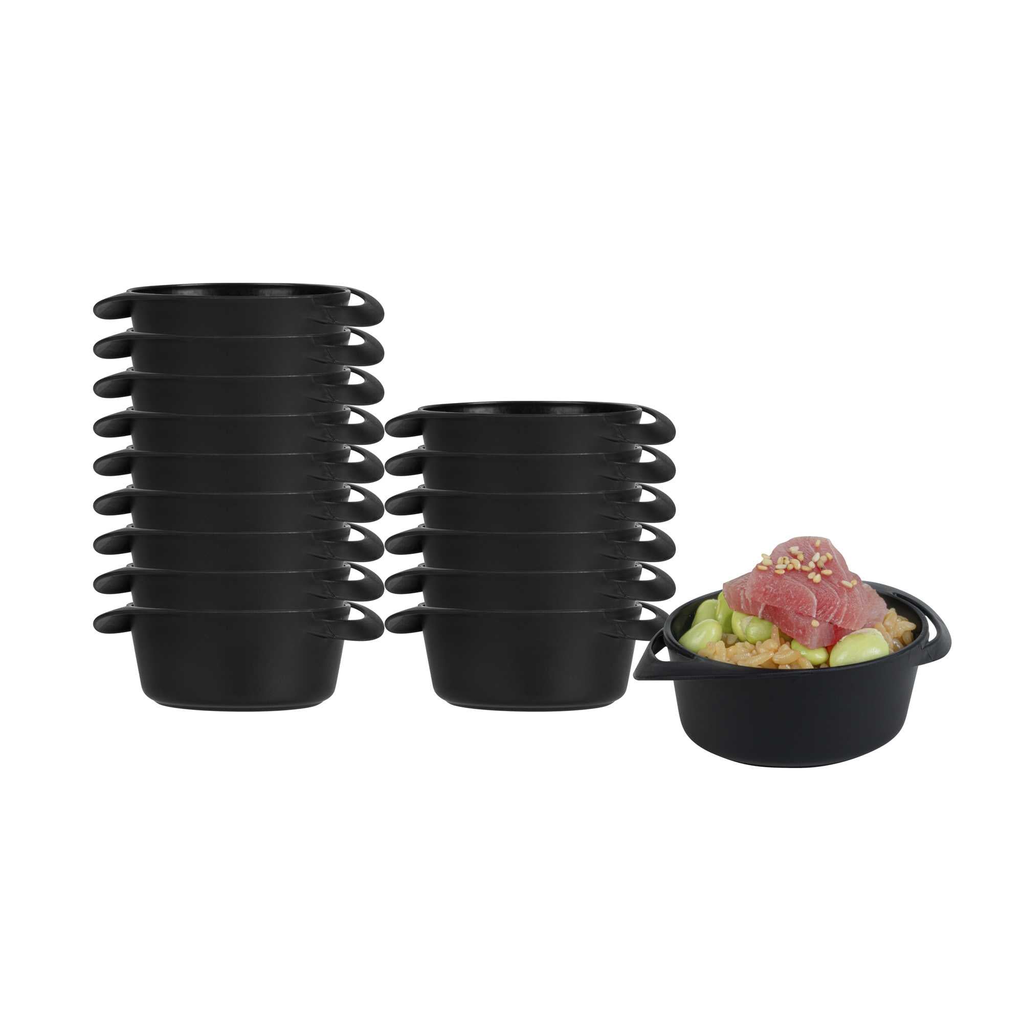 restaurantware Mini Serve 3 oz Round Black Plastic Mini Infinity Pot - 3 3/4" x 2 1/2" x 1 1/4" - 100 count box